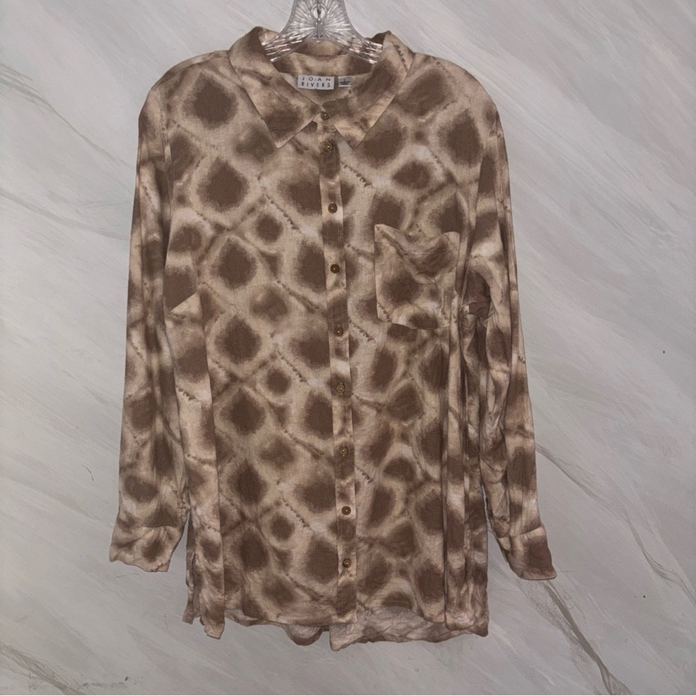 Joan Rivers L Shibori Print Linen Blend Roll-Tab Sleeve Button Up Blouse A493569